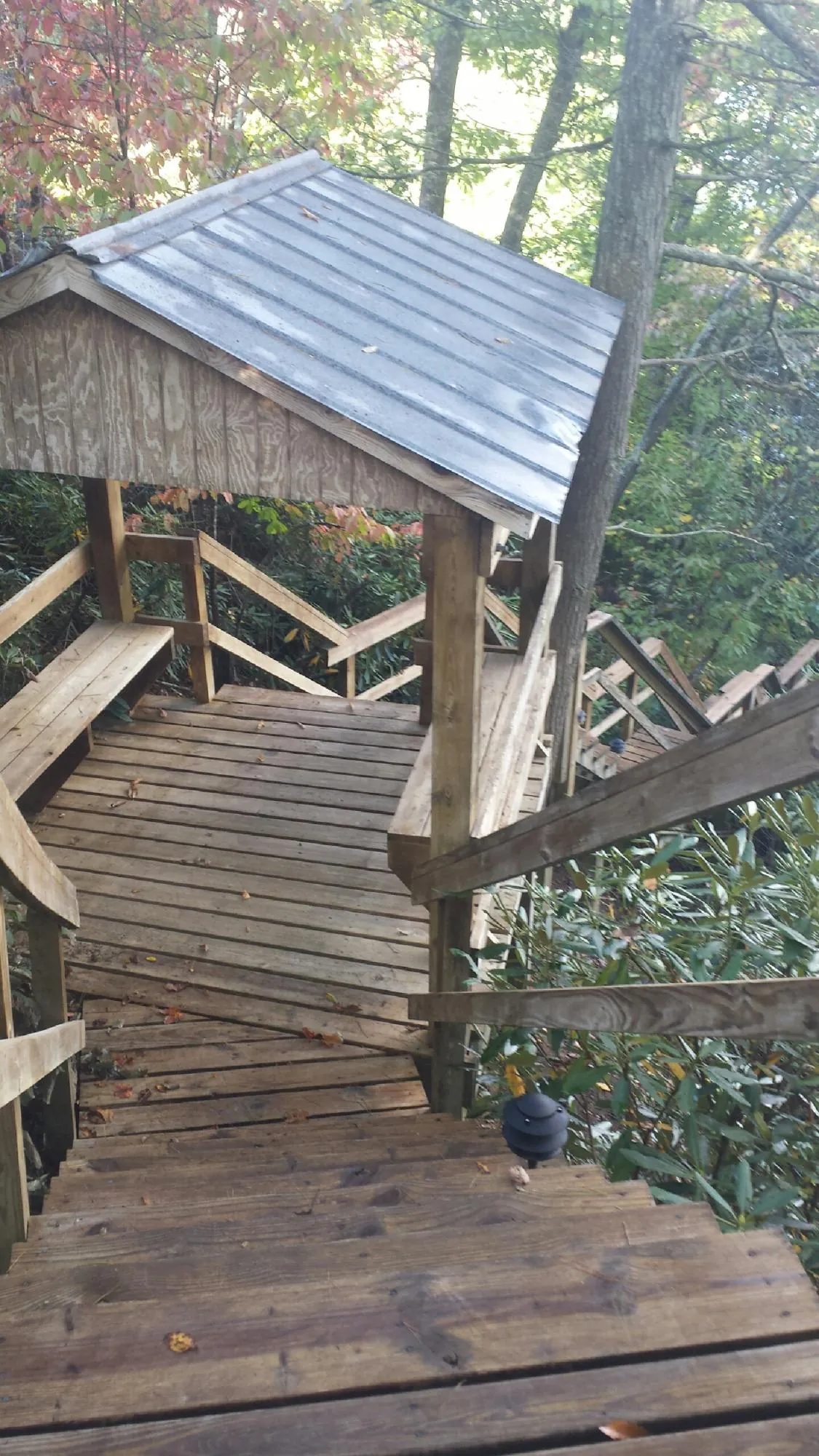 Metal roofed shelter over wooden steps on a wooded walkway — Skylight Repair & Installation work by our crew in Rochelle Park